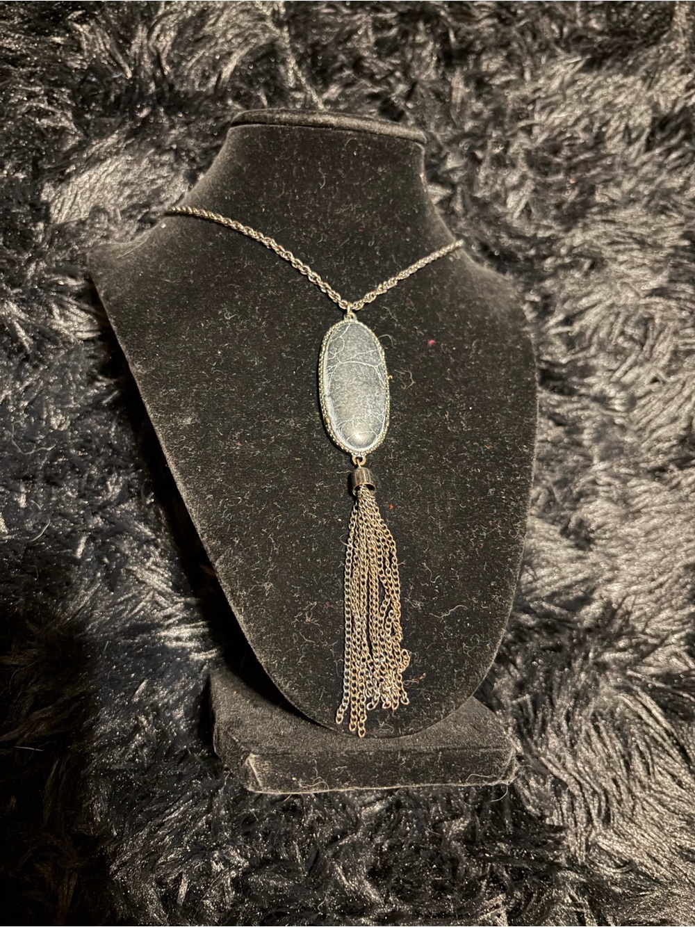 Silver-Tone Oval Stone Tassel Necklace - Silver